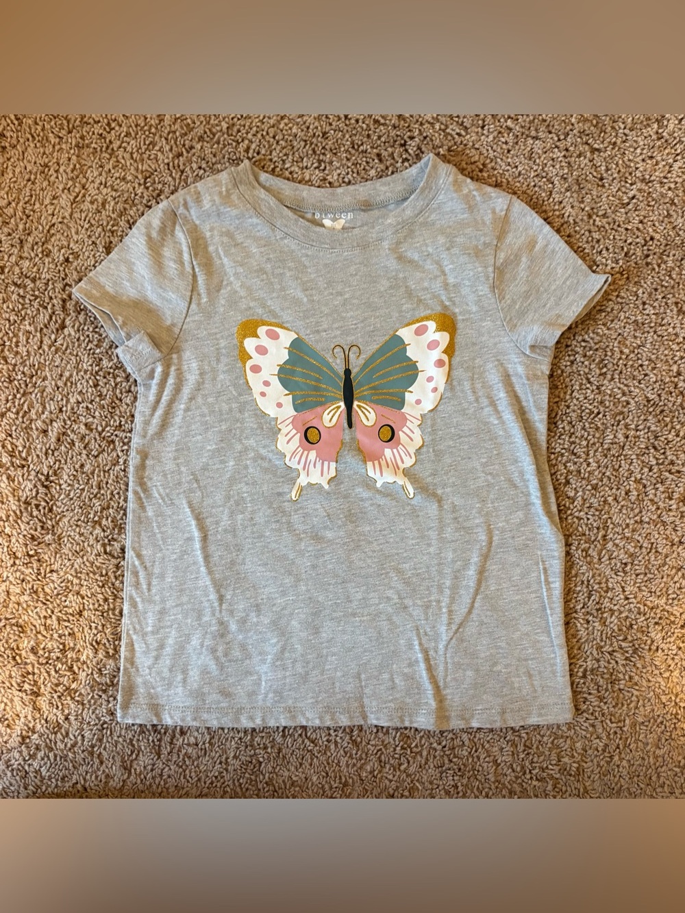Btween Girls' Gray Butterfly Graphic Tee - Soft Everyday Top size 8